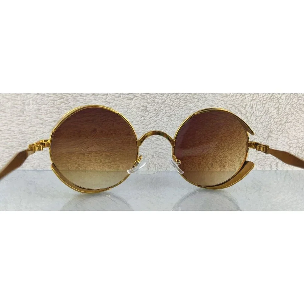 Sunglasses Round Metal Steampunk Gold Frame Brown Lens Diesel Punk Cosplay - Picture 7 of 11